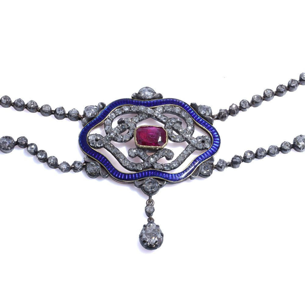 Victorian Diamond, Ruby And Enamel Necklace In 18 Carat Gold