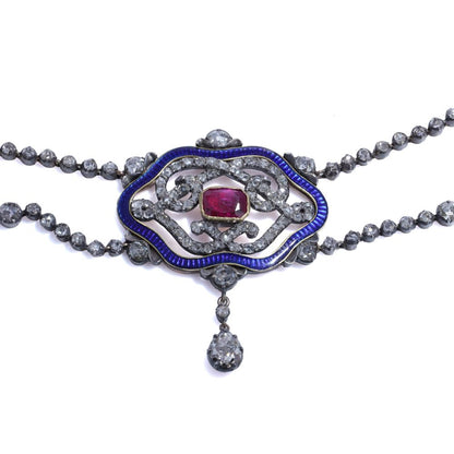 Victorian Diamond, Ruby And Enamel Necklace In 18 Carat Gold
