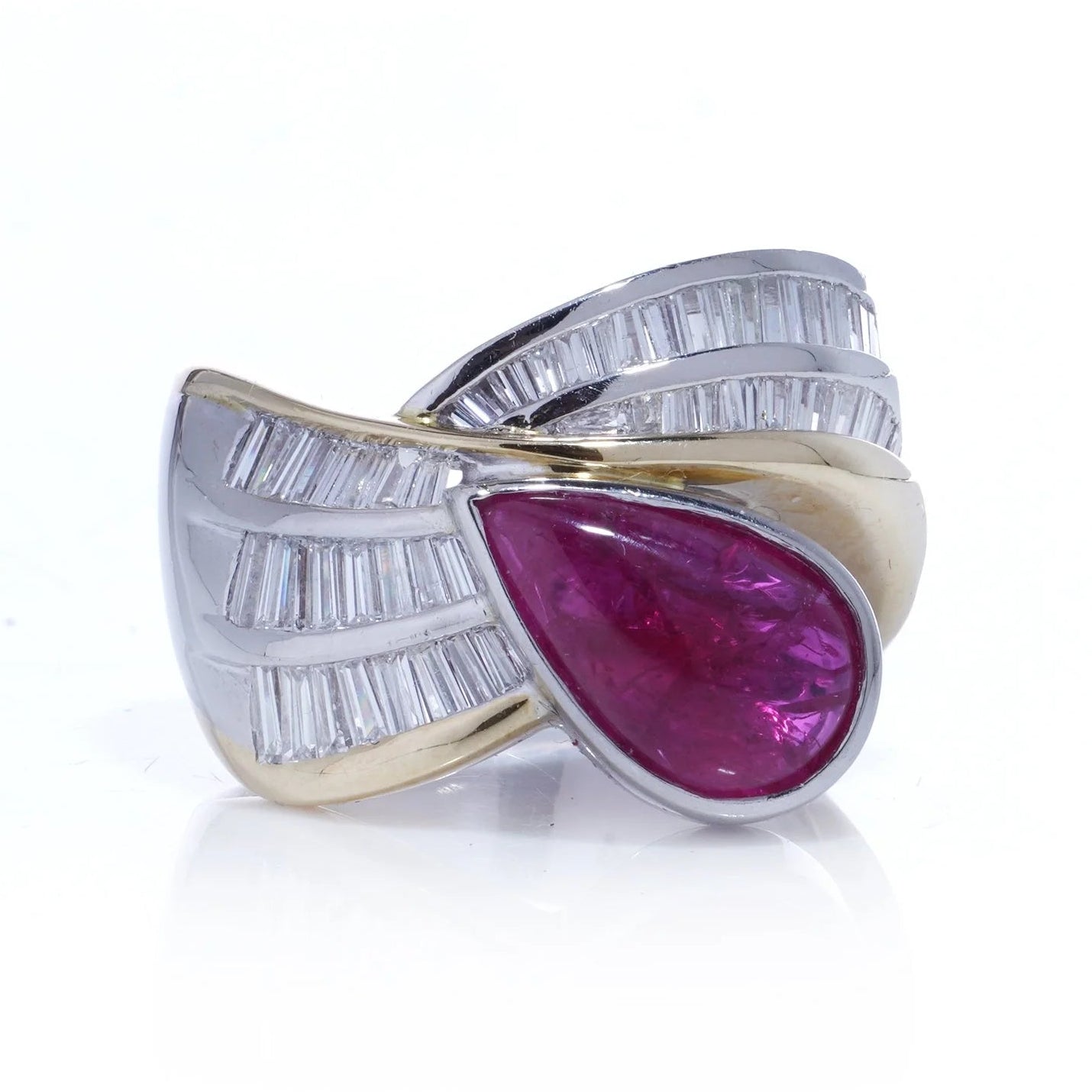 2.70ct Pear Cabochon Ruby and Baguette Diamond Ring in Platinum and 18ct Gold