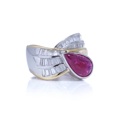 2.70ct Pear Cabochon Ruby and Baguette Diamond Ring in Platinum and 18ct Gold