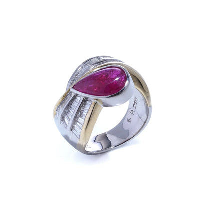 2.70ct Pear Cabochon Ruby and Baguette Diamond Ring in Platinum and 18ct Gold