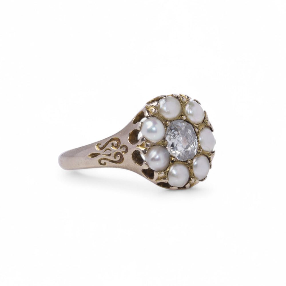 Antique 9 Carat Yellow Gold Cluster Ring With Old Cut Diamond And Pearls