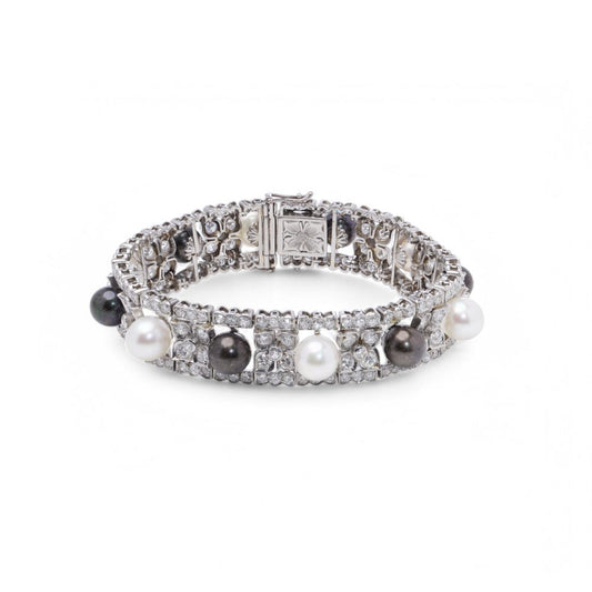 Black and white pearl and diamond bracelet in platinum