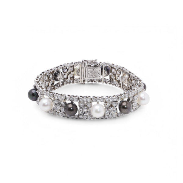 Black and white pearl and diamond bracelet in platinum