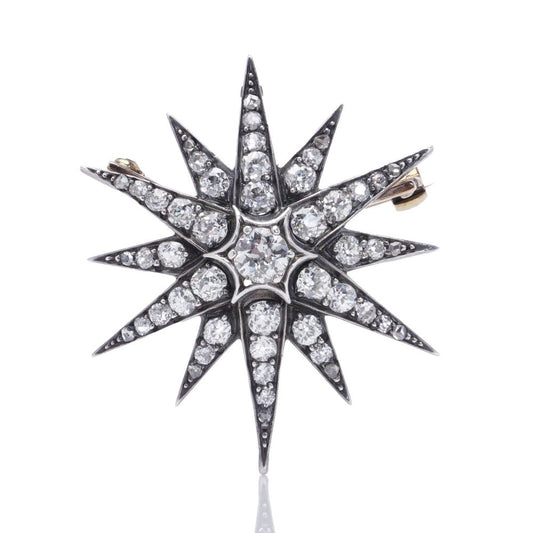 Victorian 9 Carat Yellow Gold And Silver Diamond Sunburst Star Brooch