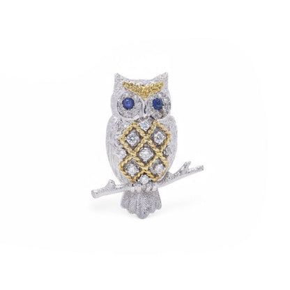 18 Carat White And Yellow Gold Diamond And Sapphire Owl Brooch