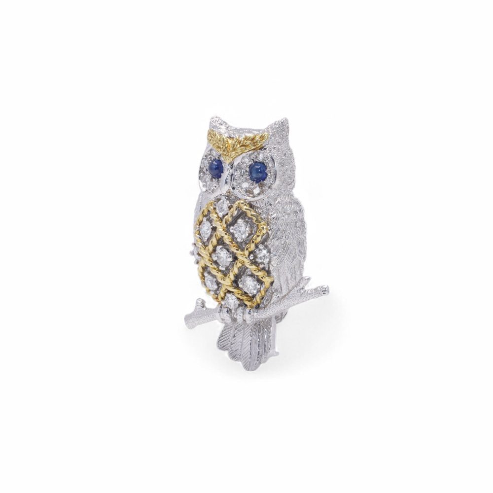 18 Carat White And Yellow Gold Diamond And Sapphire Owl Brooch