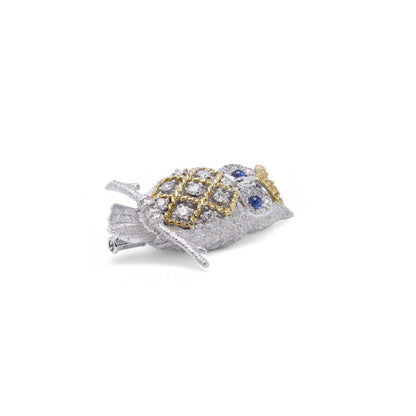 18 Carat White And Yellow Gold Diamond And Sapphire Owl Brooch