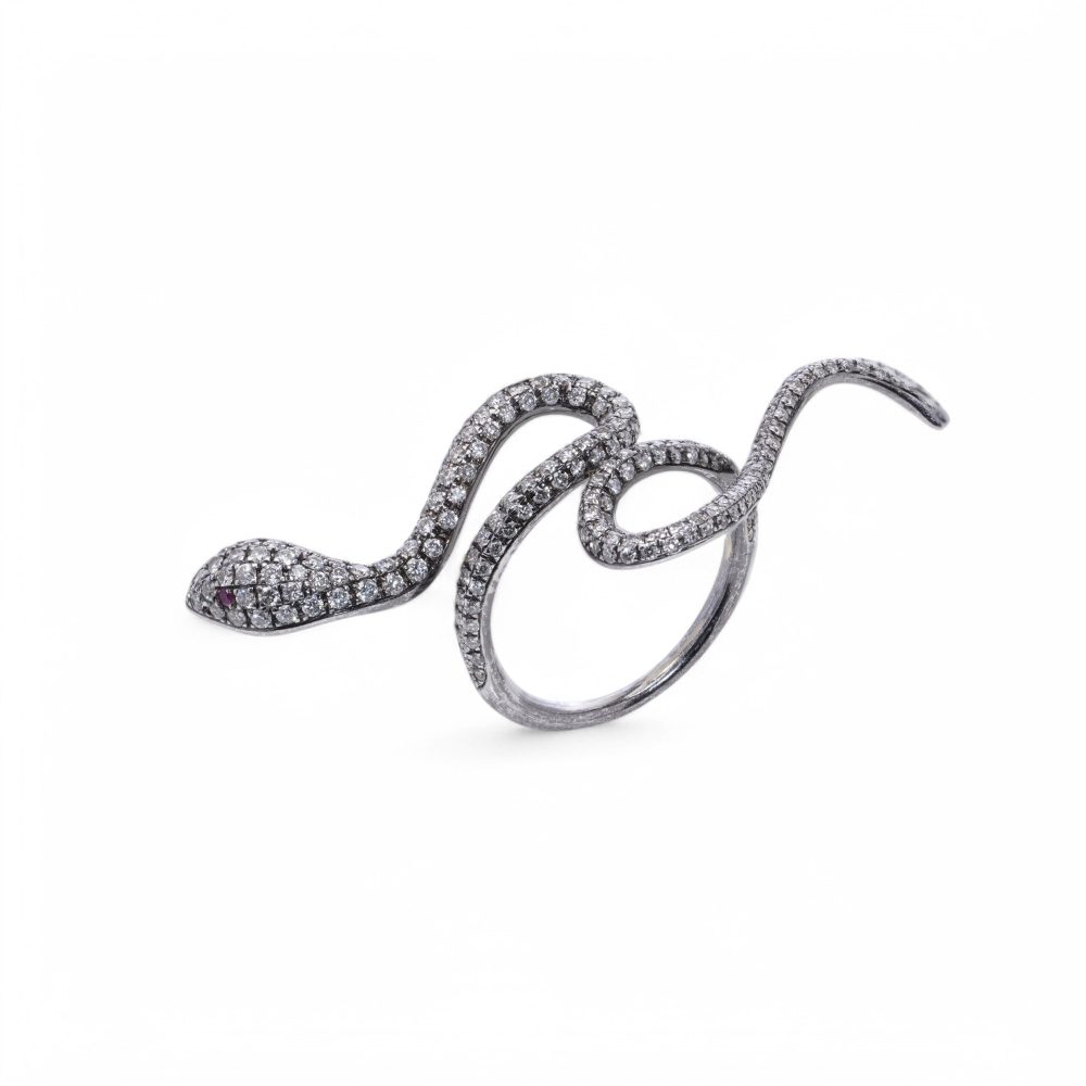 Diamond And Ruby Snake Ring In 18 Carat White Gold