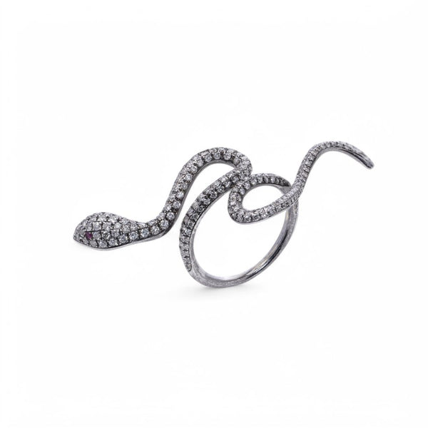 Diamond And Ruby Snake Ring In 18 Carat White Gold