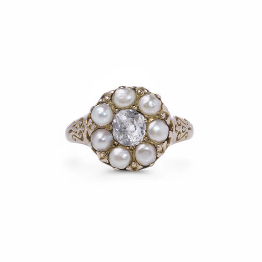 Antique 9 Yellow Gold Pearl and Old Mine Diamond Cluster Ring