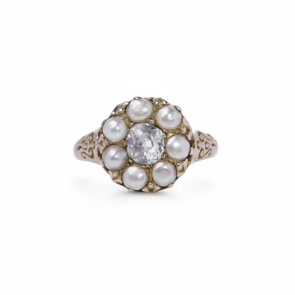 Antique 9 Yellow Gold Pearl and Old Mine Diamond Cluster Ring