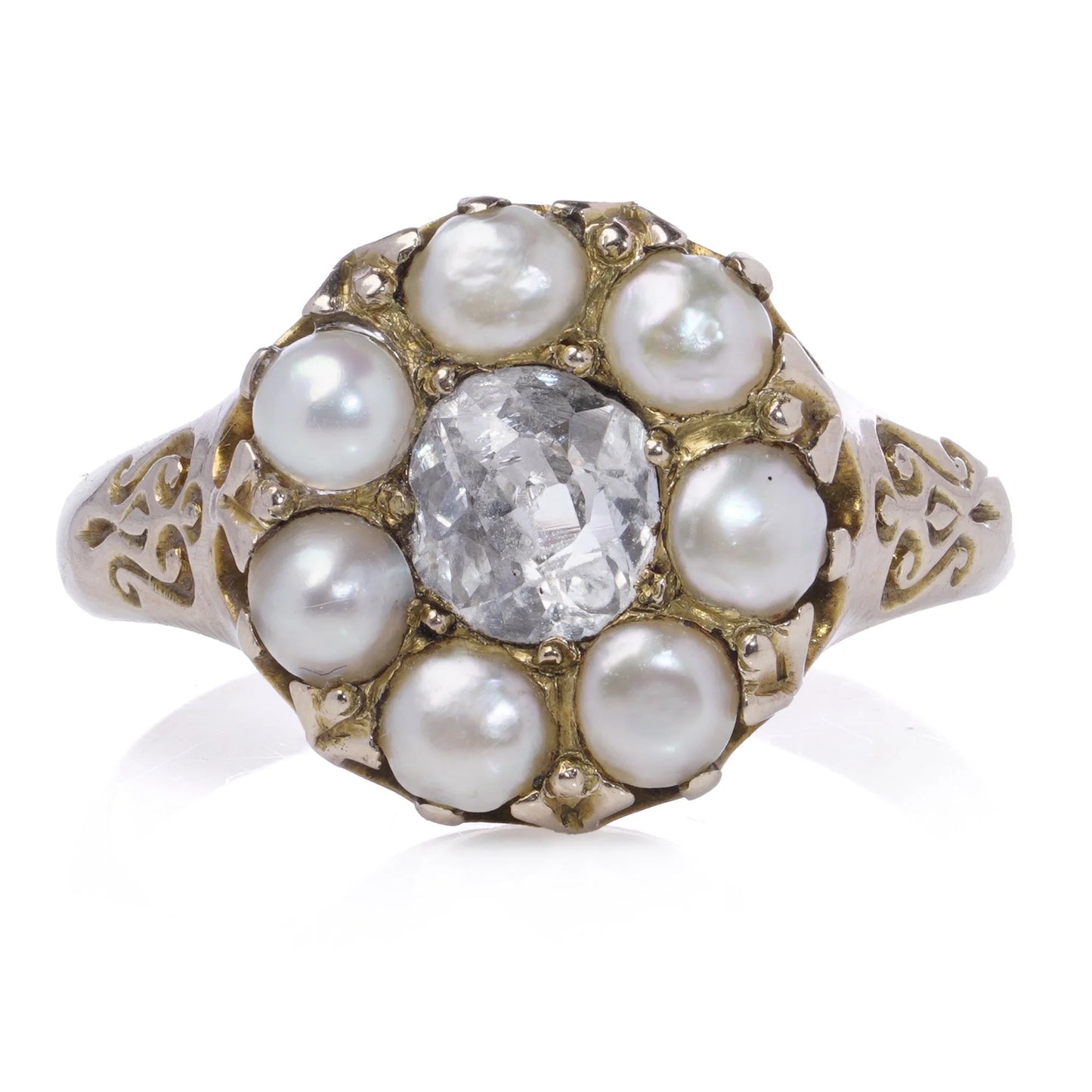 Antique 9 Yellow Gold Pearl and Old Mine Diamond Cluster Ring