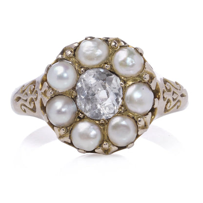 Antique 9 Yellow Gold Pearl and Old Mine Diamond Cluster Ring