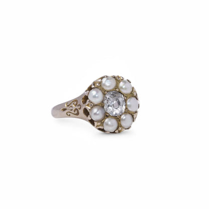 Antique 9 Yellow Gold Pearl and Old Mine Diamond Cluster Ring