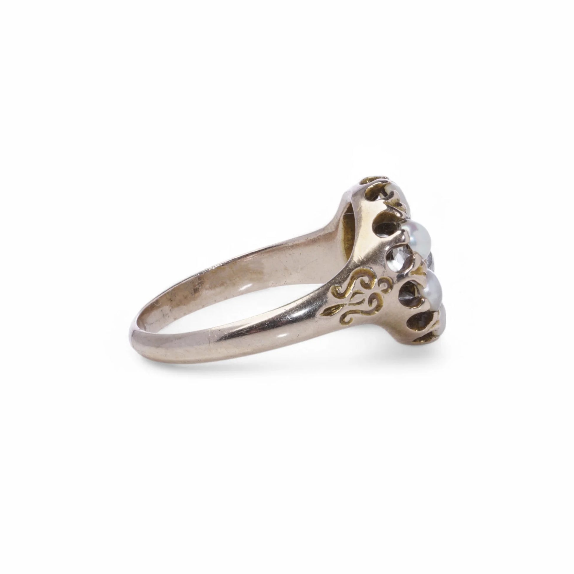Antique 9 Yellow Gold Pearl and Old Mine Diamond Cluster Ring