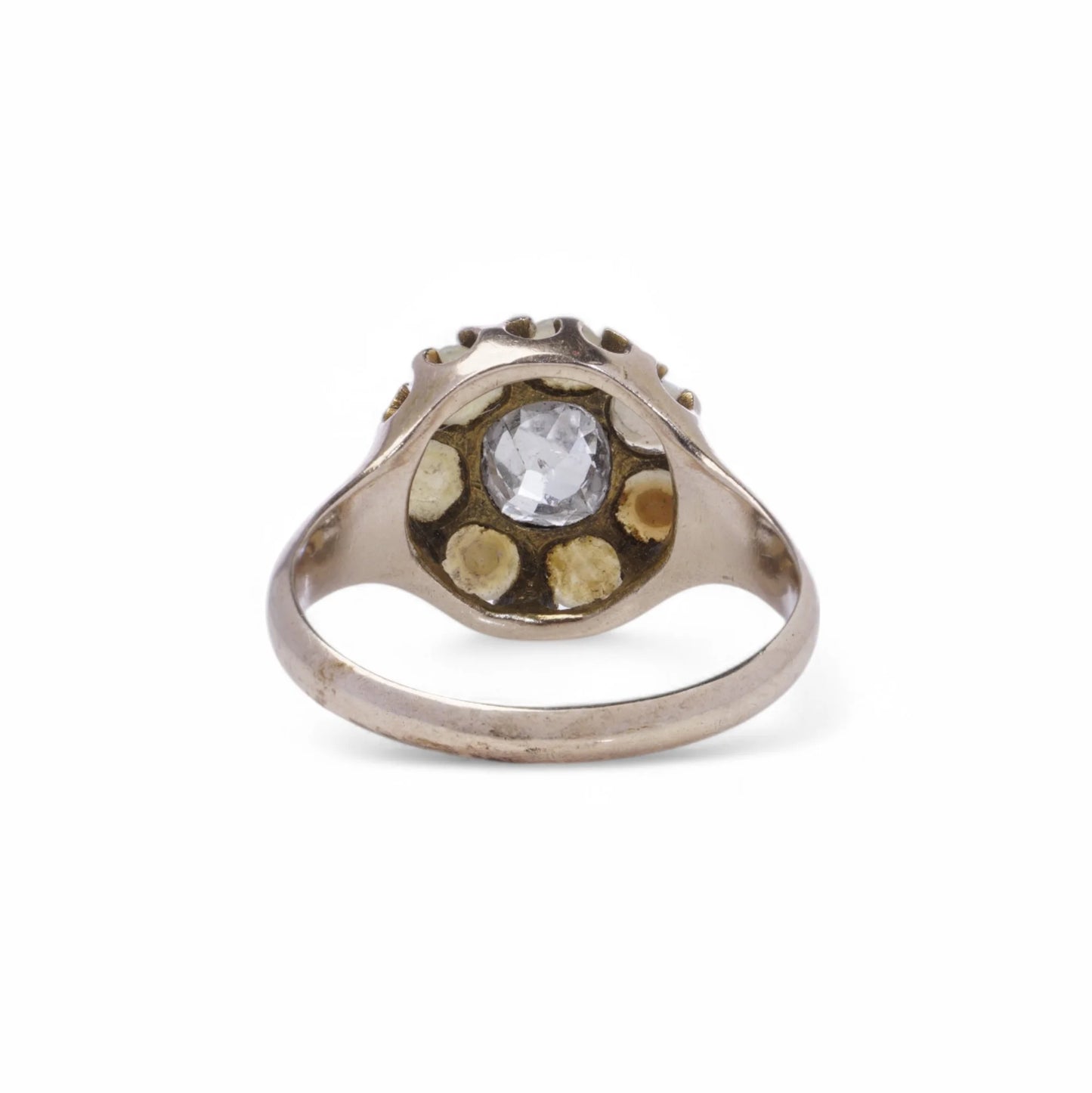 Antique 9 Yellow Gold Pearl and Old Mine Diamond Cluster Ring