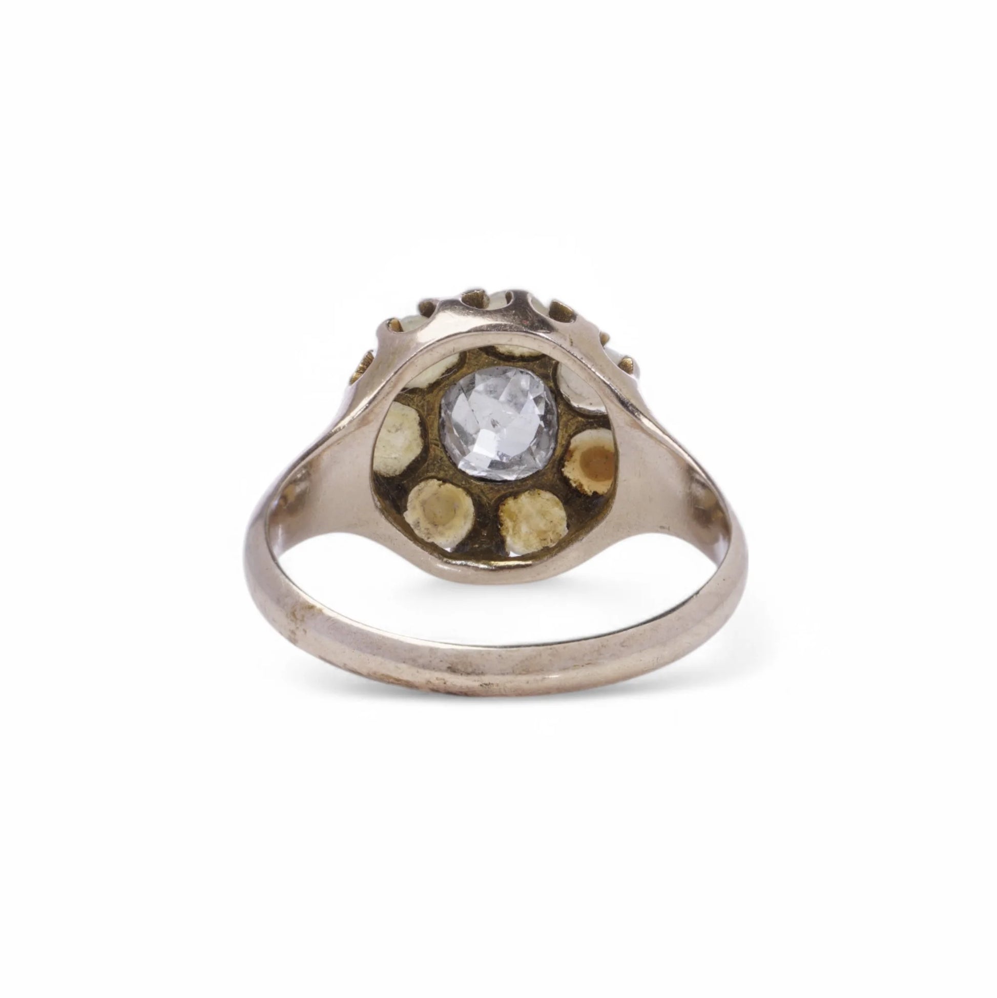 Antique 9 Yellow Gold Pearl and Old Mine Diamond Cluster Ring