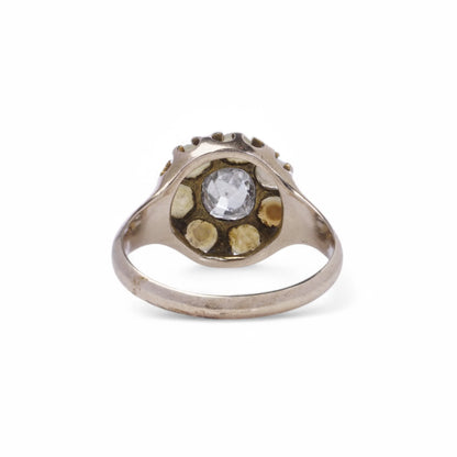 Antique 9 Yellow Gold Pearl and Old Mine Diamond Cluster Ring
