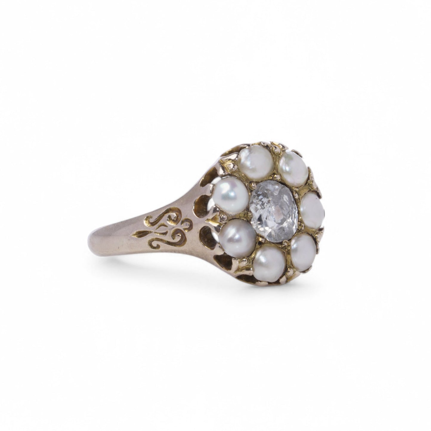 Antique 9 Yellow Gold Pearl and Old Mine Diamond Cluster Ring