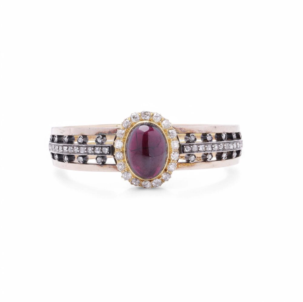 Antique French 18 Carat Yellow Gold And Silver Garnet And Old Cut Diamond Bangle