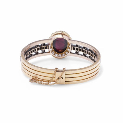Antique French 18 Carat Yellow Gold And Silver Garnet And Old Cut Diamond Bangle