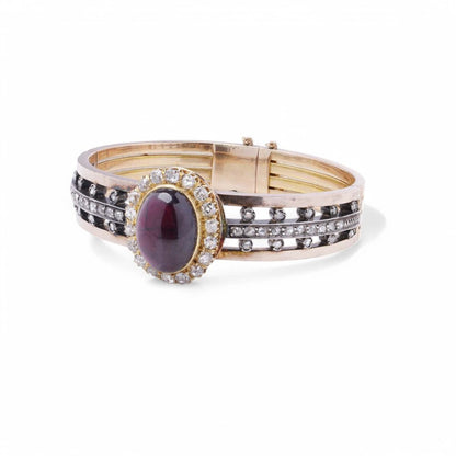 Antique French 18 Carat Yellow Gold And Silver Garnet And Old Cut Diamond Bangle