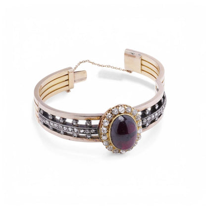 Antique French 18 Carat Yellow Gold And Silver Garnet And Old Cut Diamond Bangle