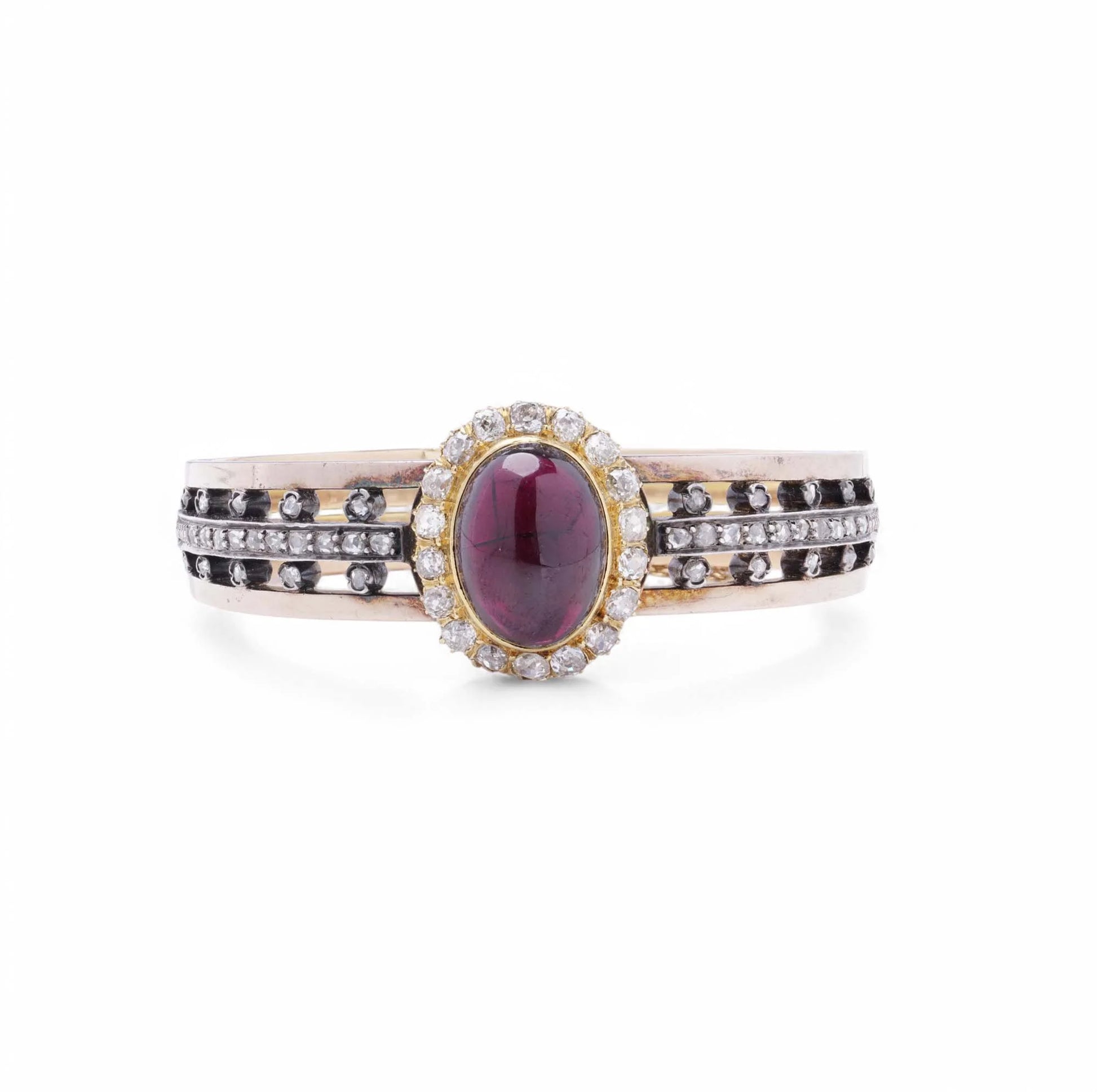 Antique French Garnet and Old Cut Diamond Cluster Bangle Bracelet