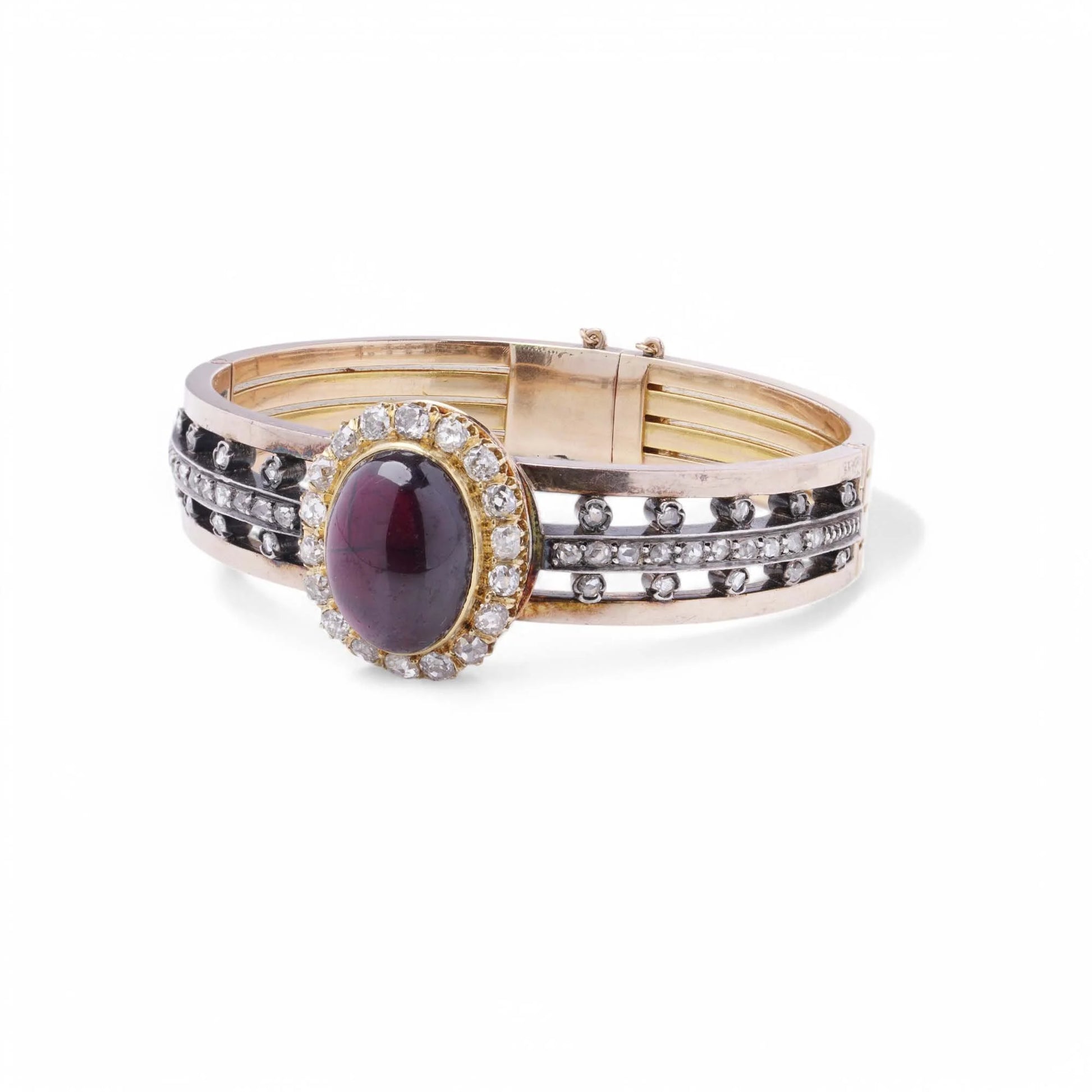 Antique French Garnet and Old Cut Diamond Cluster Bangle Bracelet