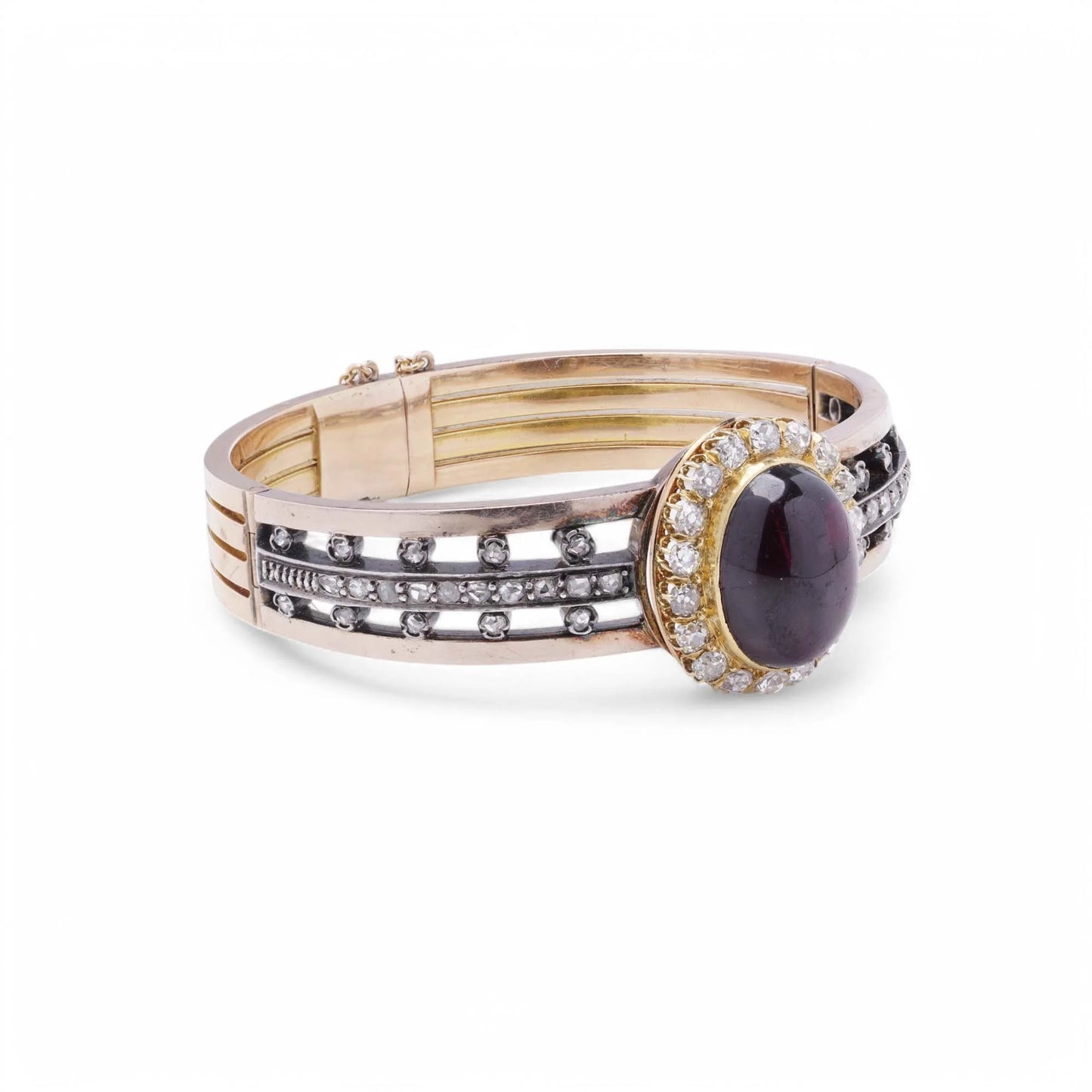 Antique French Garnet and Old Cut Diamond Cluster Bangle Bracelet