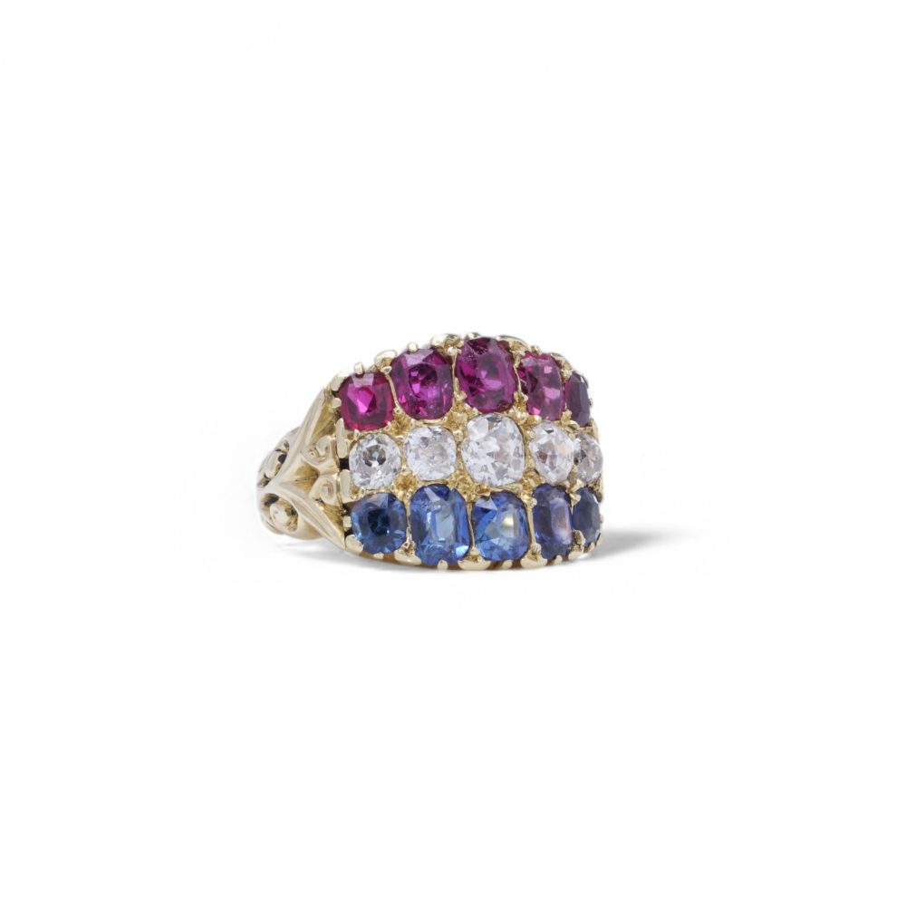 Antique ruby, sapphire and diamond ring in gold.