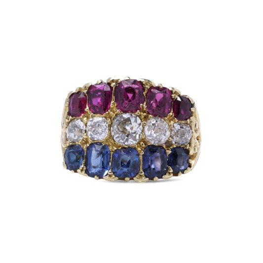 WGI Certified Ruby, Sapphire And Diamond Antique Ring In 18 Carat Yellow Gold