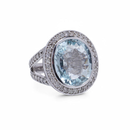 WGI Certified 10.50 Carat Aquamarine And Diamond Cluster Ring In 18 Carat White Gold