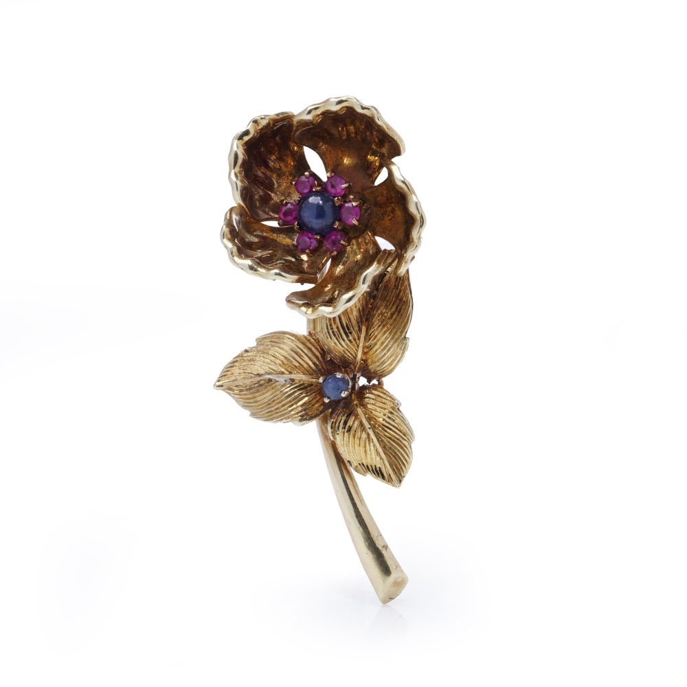 14 Carat Yellow Gold Flower Brooch With Sapphires And Rubies