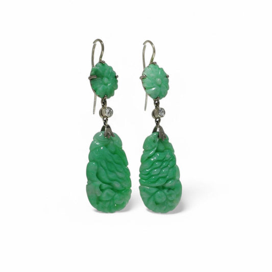 Jade Earrings With Diamond Accents In 18 Carat White Gold.