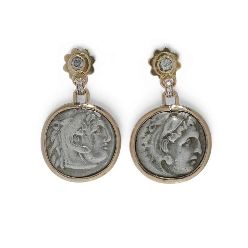 18 Carat Yellow Gold Earrings With Roman Silver Coins