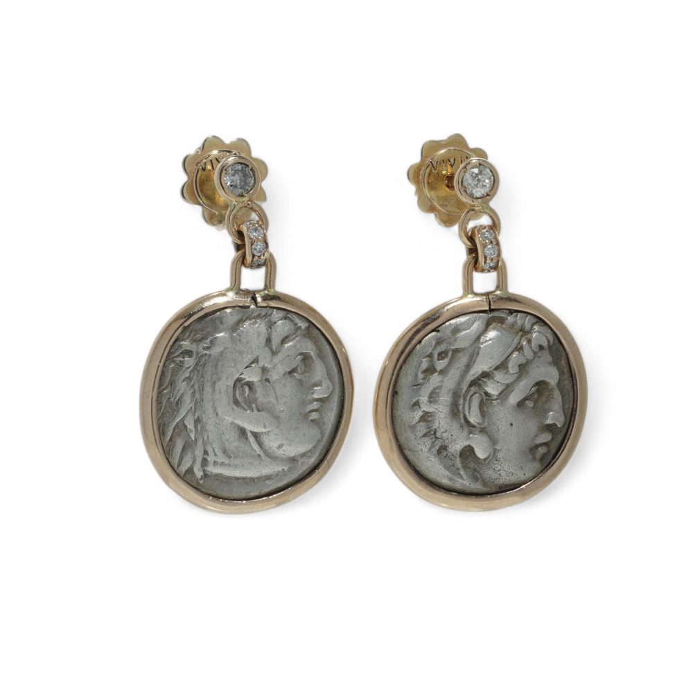 18 Carat Yellow Gold Earrings With Roman Silver Coins