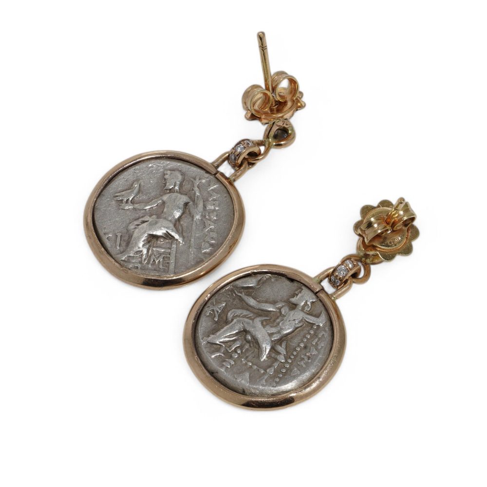 18 Carat Yellow Gold Earrings With Roman Silver Coins