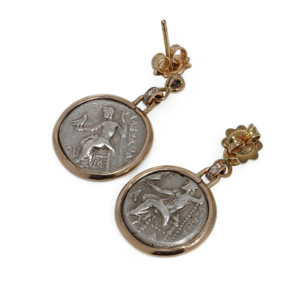 18 Carat Yellow Gold Earrings With Roman Silver Coins
