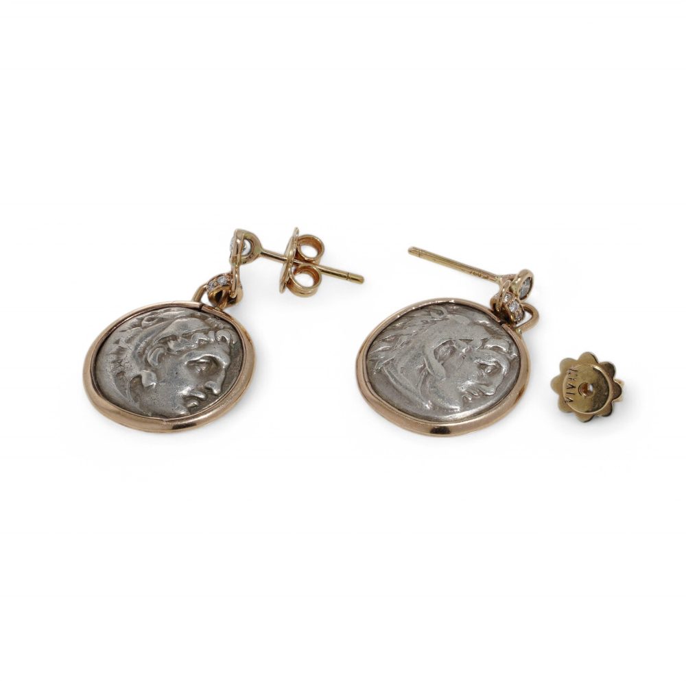18 Carat Yellow Gold Earrings With Roman Silver Coins