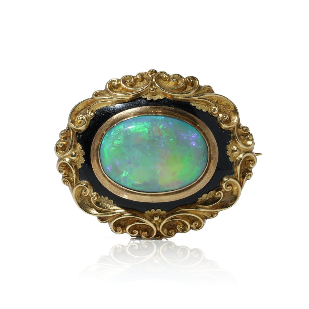 Victorian Opal And Black Enamel Brooch in 9 Carat Yellow Gold