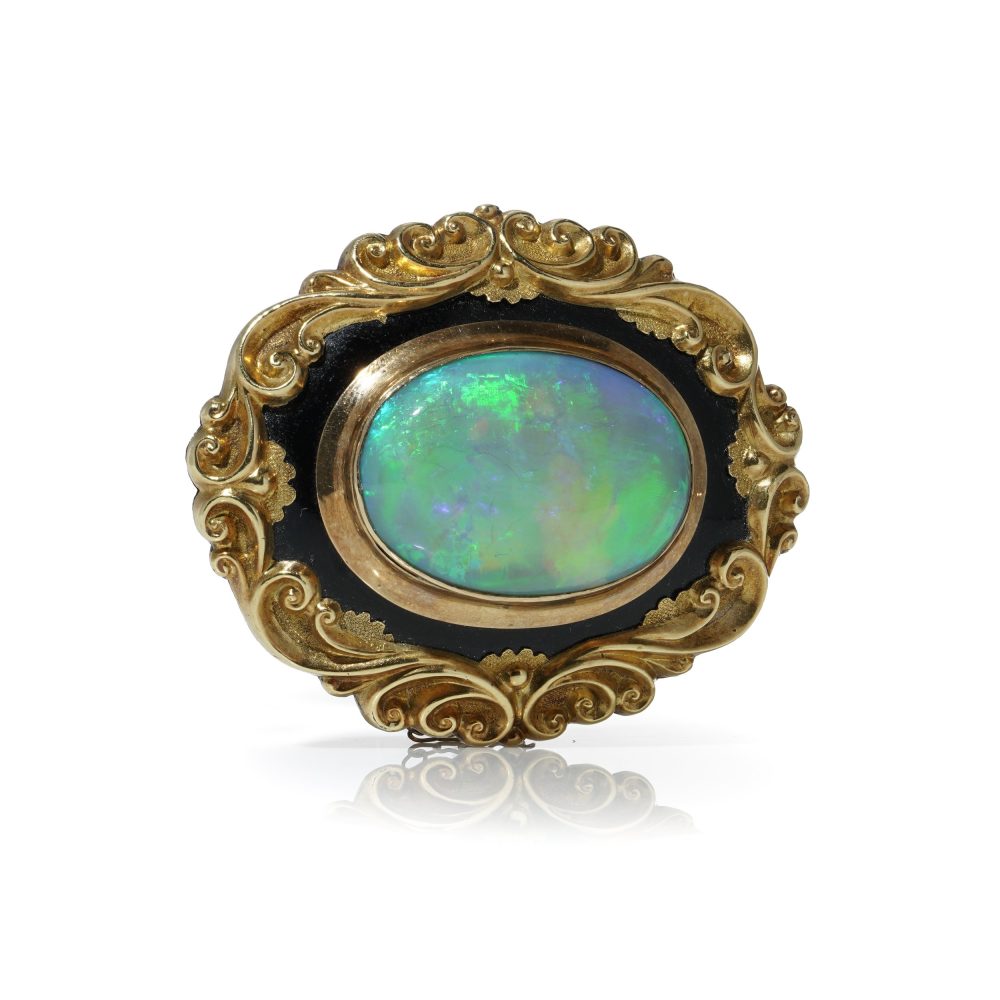 Victorian Opal And Black Enamel Brooch in 9 Carat Yellow Gold