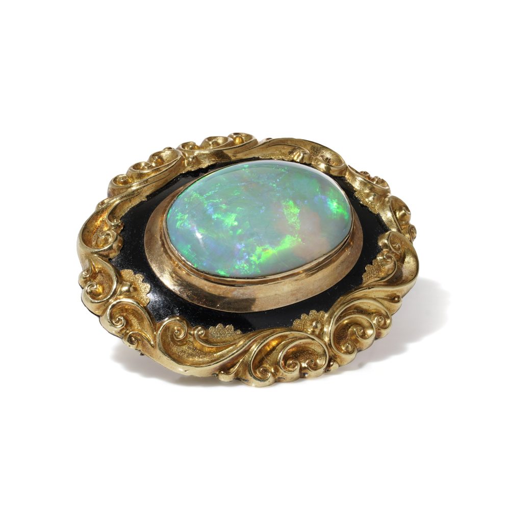 Victorian Opal And Black Enamel Brooch in 9 Carat Yellow Gold