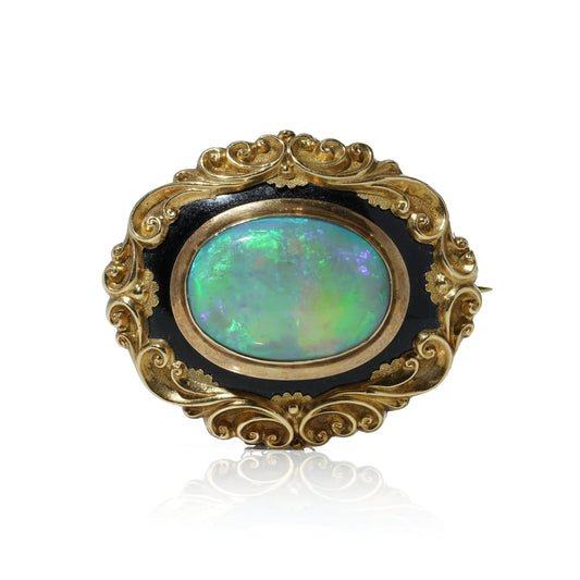 Victorian Antique Opal and Black Enamel Brooch in 9ct Gold