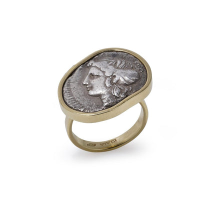 KIAIA Ancient Greek Tetradrachm Coin Ring In 18 Carat Yellow Gold Mount