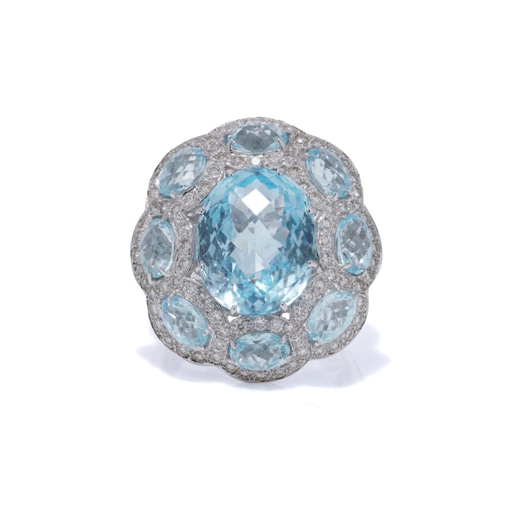 Jay Feder 18 Carat White Gold 8.8 Carat Blue Topaz And Diamond Ring