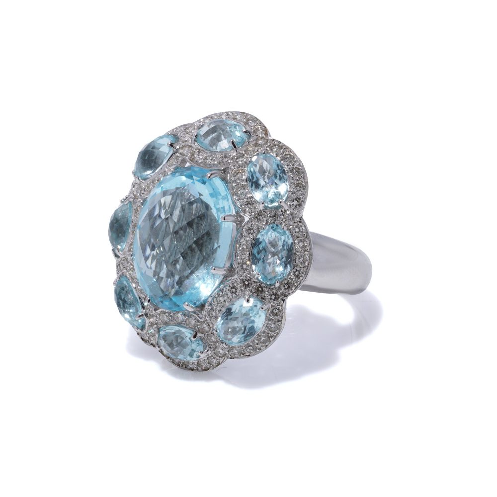 Jay Feder 18 Carat White Gold 8.8 Carat Blue Topaz And Diamond Ring