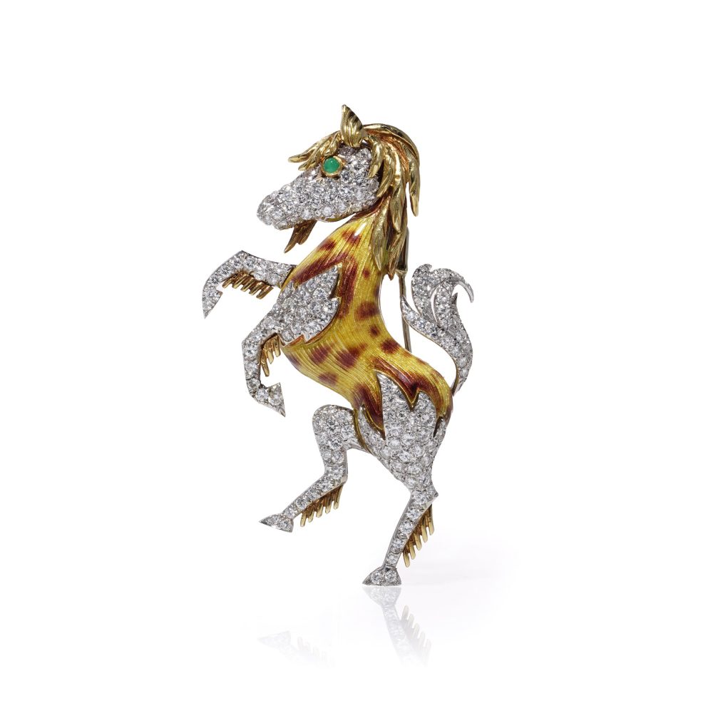 Vintage 18ct Gold Diamond and Emerald Prancing Horse Brooch