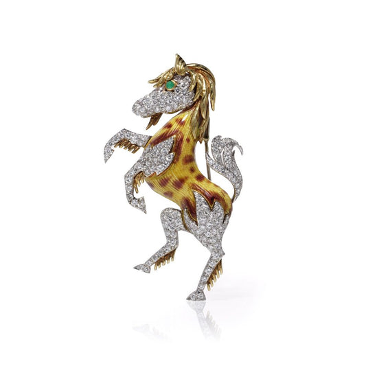 Vintage 18ct Gold Diamond and Emerald Prancing Horse Brooch